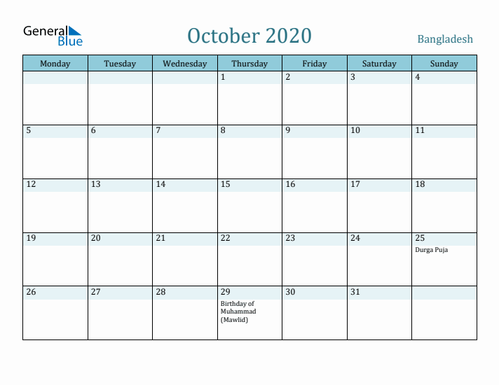 October 2020 Calendar with Holidays