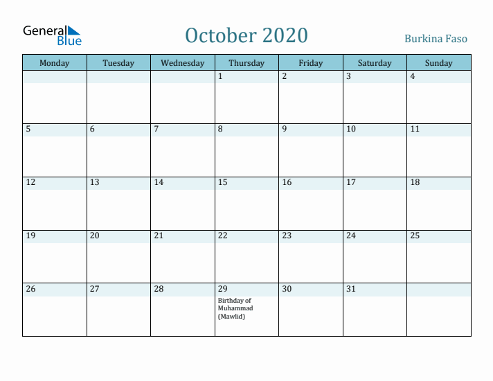 October 2020 Calendar with Holidays