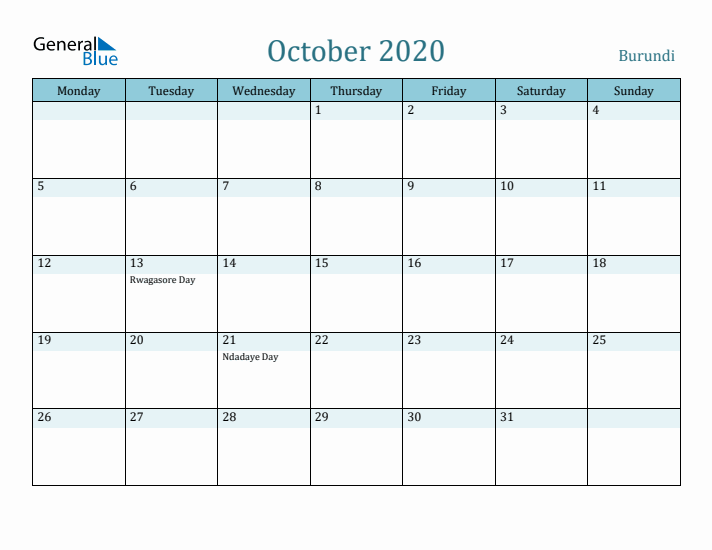 October 2020 Calendar with Holidays