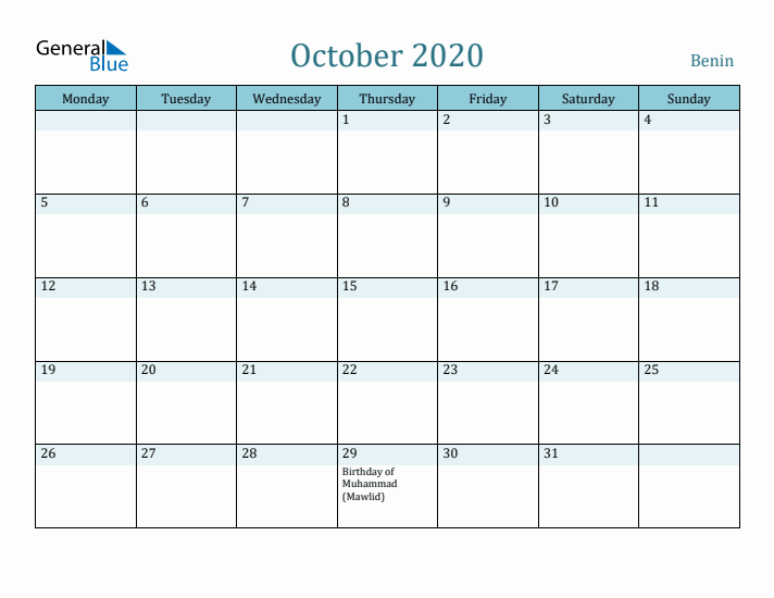 October 2020 Calendar with Holidays