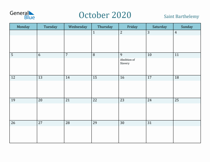 October 2020 Calendar with Holidays