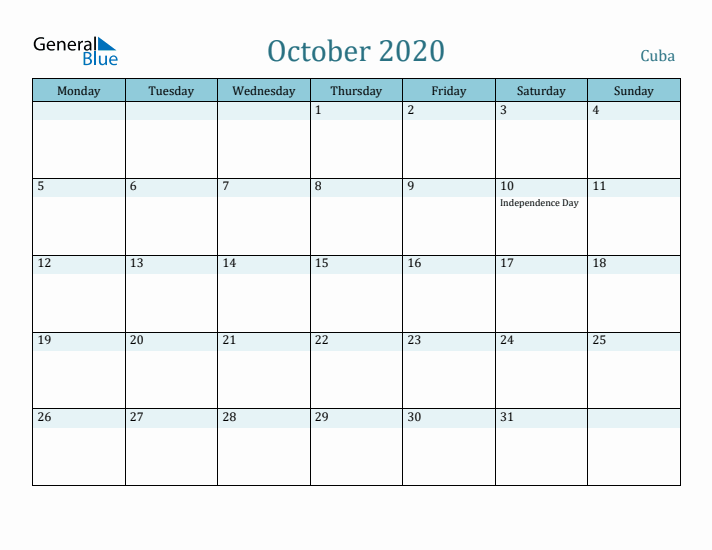 October 2020 Calendar with Holidays