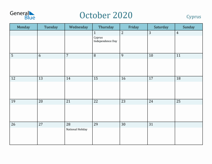 October 2020 Calendar with Holidays