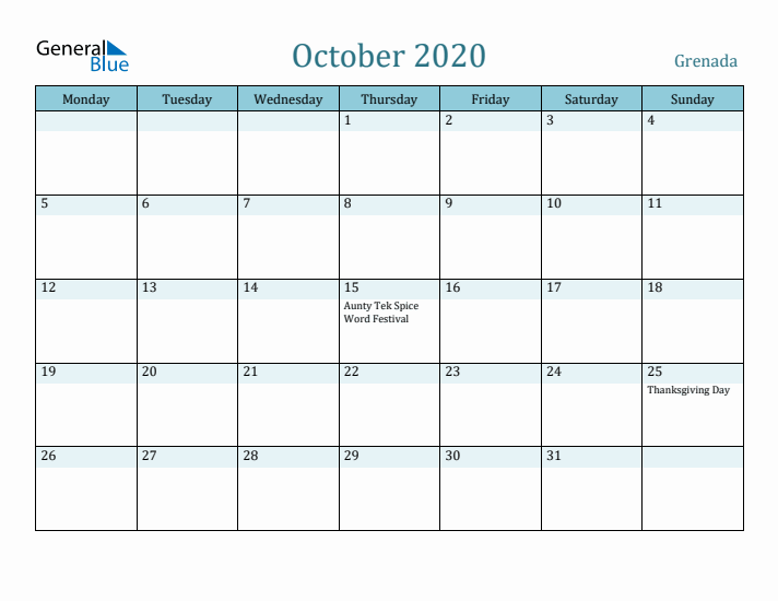 October 2020 Calendar with Holidays