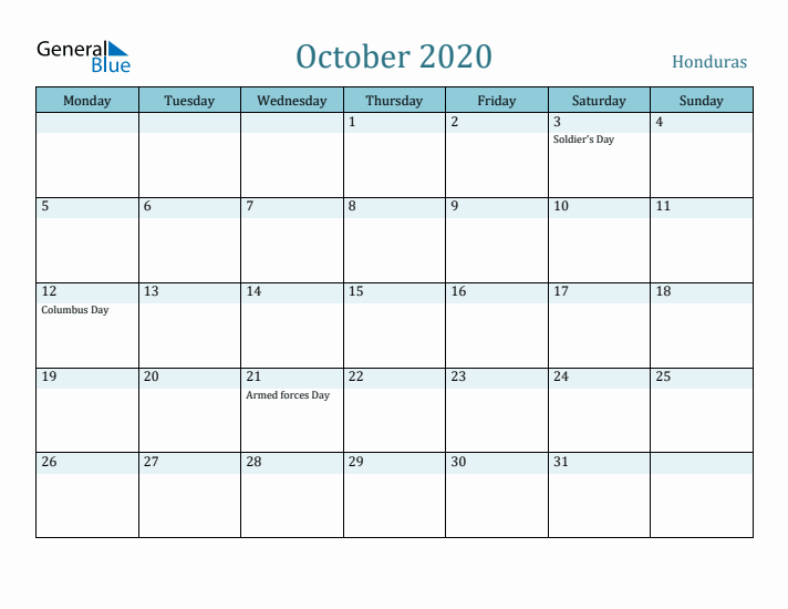 October 2020 Calendar with Holidays