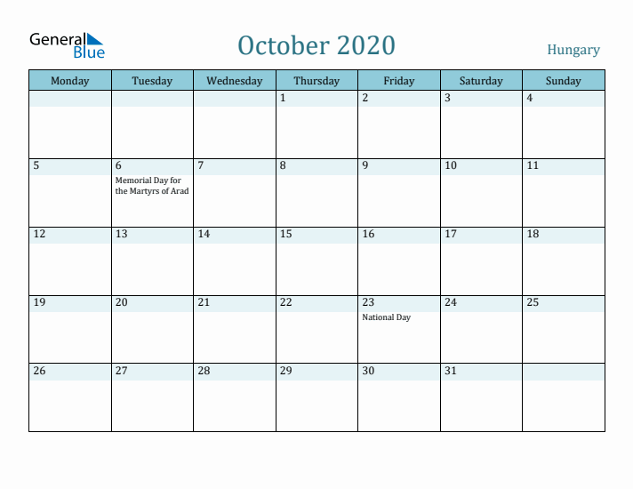 October 2020 Calendar with Holidays