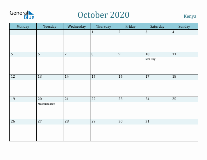 October 2020 Calendar with Holidays