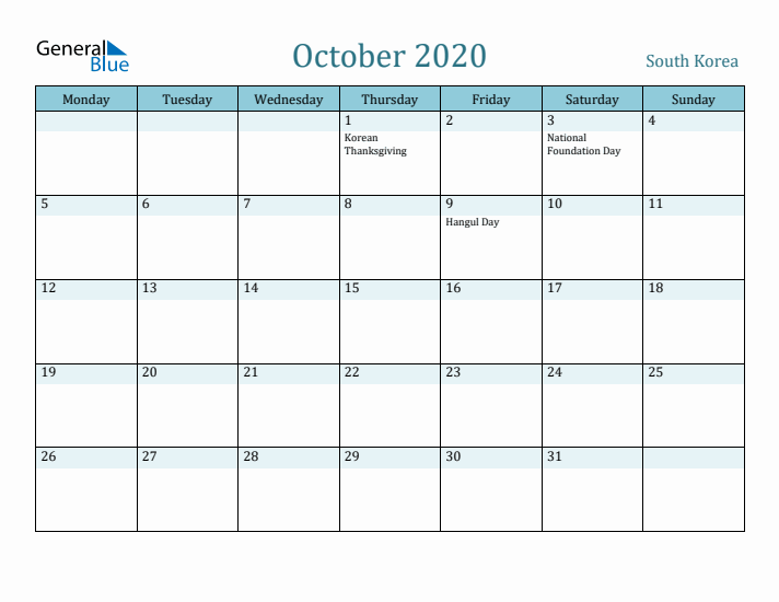 October 2020 Calendar with Holidays