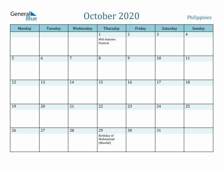 October 2020 Calendar with Holidays