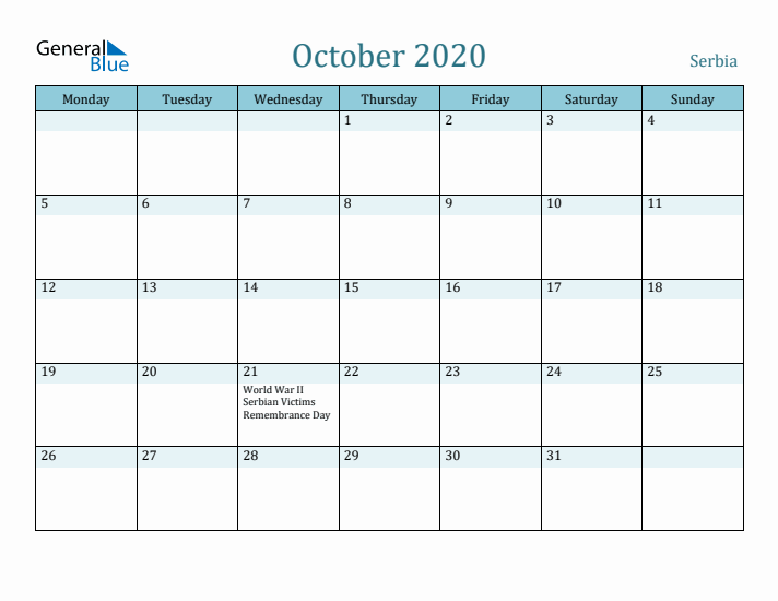 October 2020 Calendar with Holidays