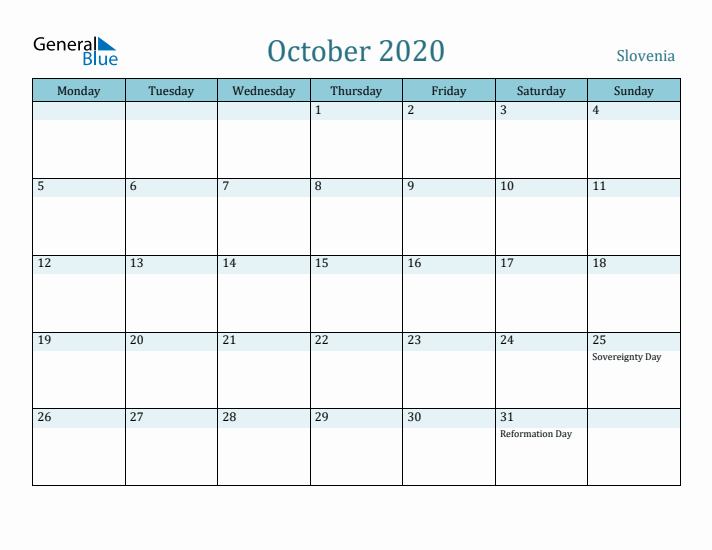 October 2020 Calendar with Holidays