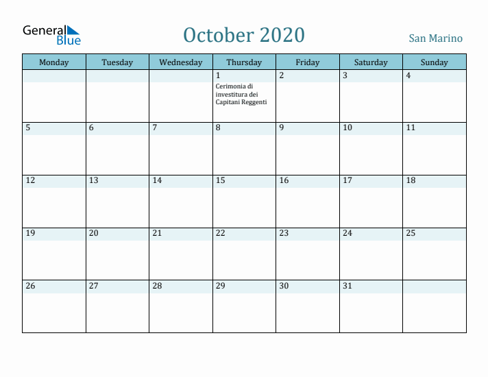 October 2020 Calendar with Holidays