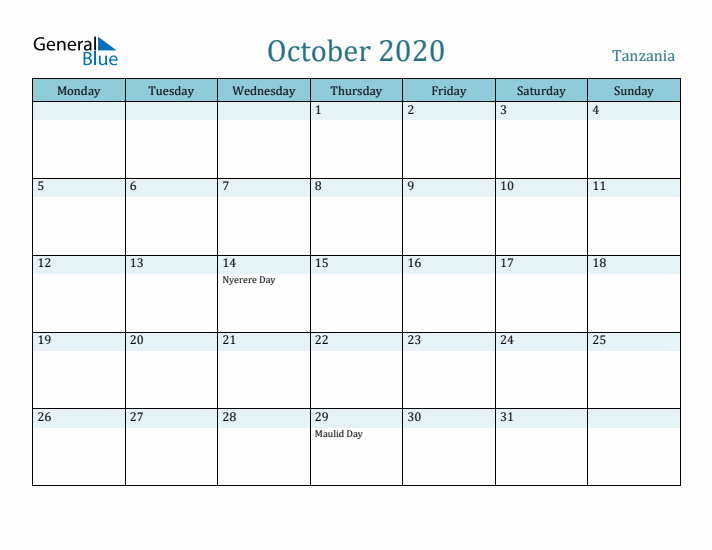 October 2020 Calendar with Holidays