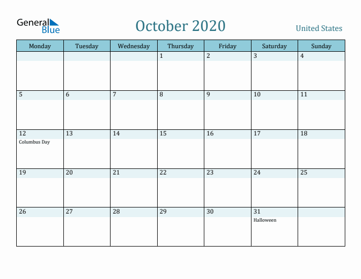 October 2020 Calendar with Holidays