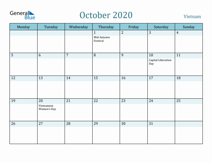 October 2020 Calendar with Holidays