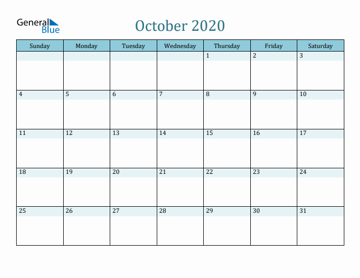 October 2020 Printable Calendar