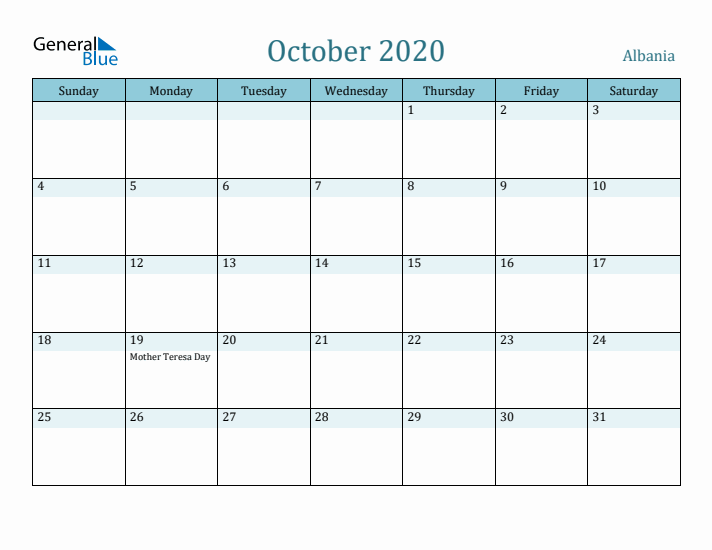 October 2020 Calendar with Holidays