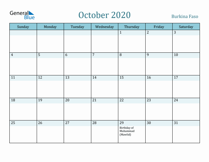 October 2020 Calendar with Holidays