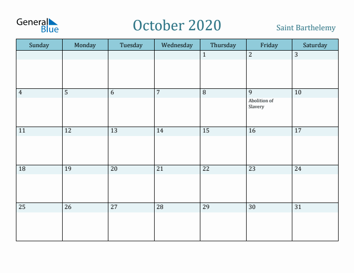 October 2020 Calendar with Holidays