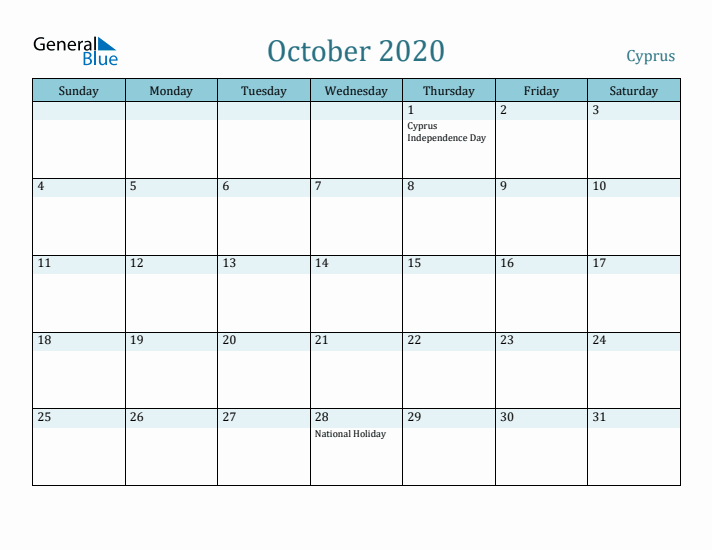 October 2020 Calendar with Holidays