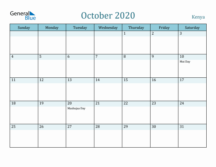 October 2020 Calendar with Holidays