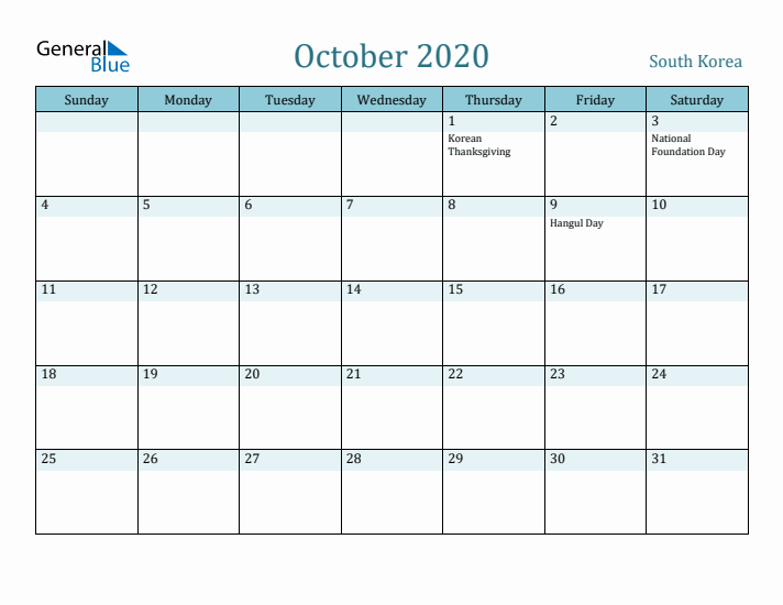 October 2020 Calendar with Holidays