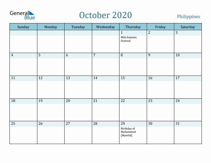 October 2020 Calendar with Holidays