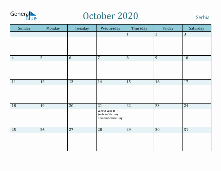 October 2020 Calendar with Holidays