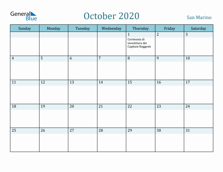 October 2020 Calendar with Holidays