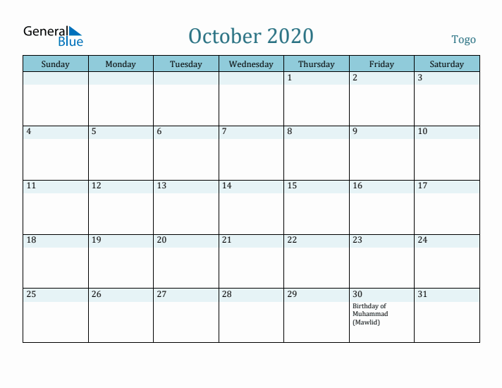 October 2020 Calendar with Holidays