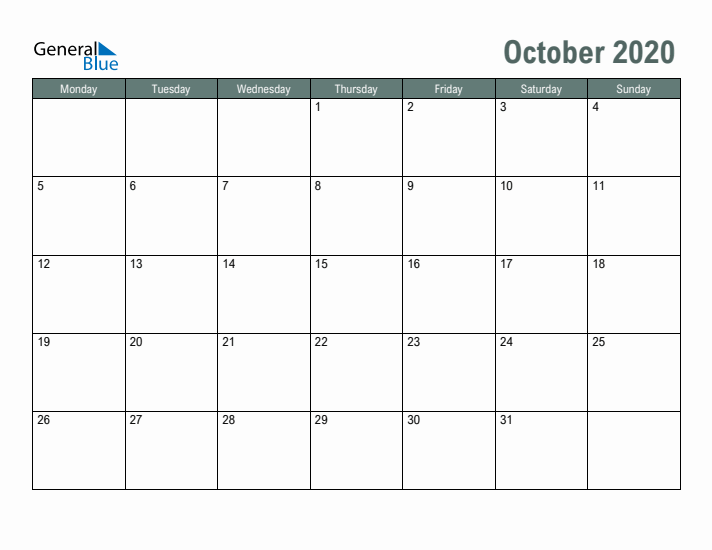 Free Printable October 2020 Calendar