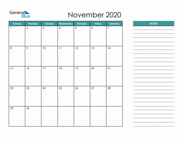 November 2020 Calendar with Notes