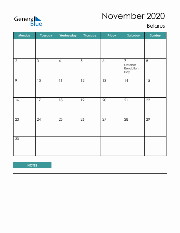 Calendar with Notes Printable - Monday Start