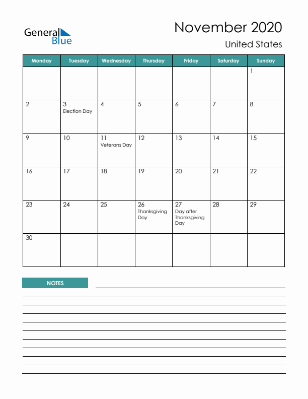 Calendar with Notes Printable - Monday Start