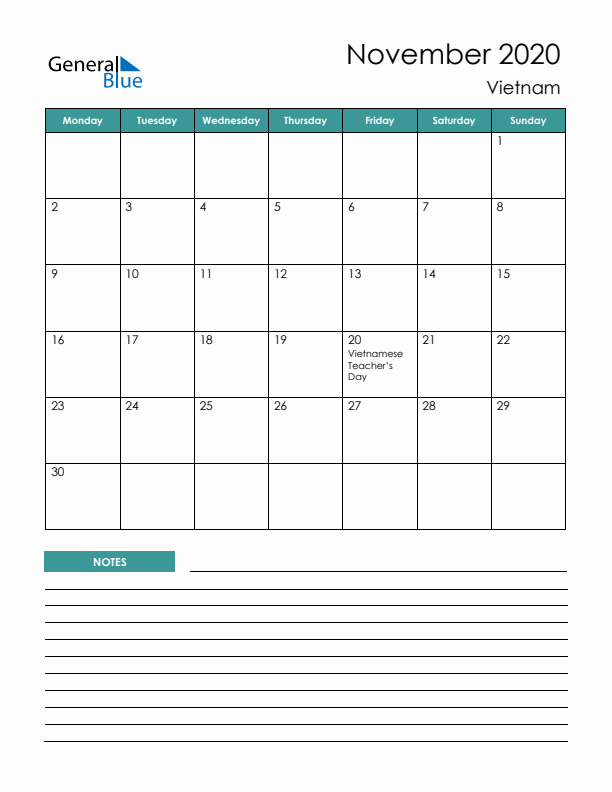 Calendar with Notes Printable - Monday Start