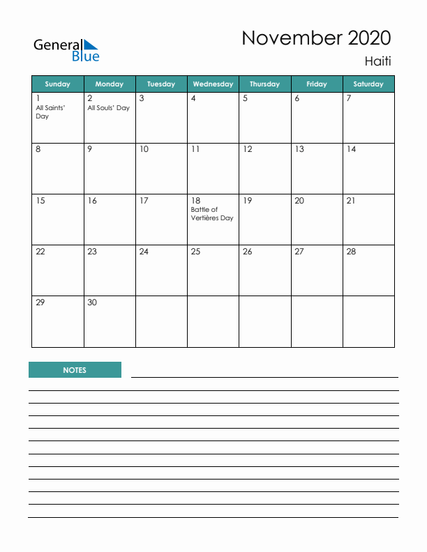 Calendar with Notes Printable - Sunday Start