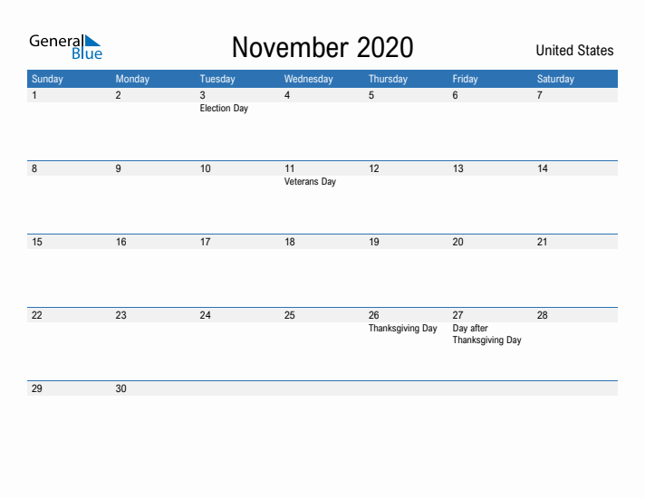 Fillable November 2020 Calendar