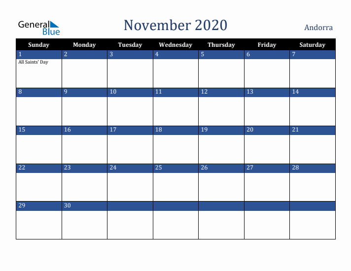 November 2020 Andorra Calendar (Sunday Start)