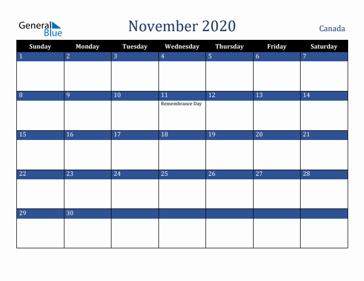 November 2020 Canada Calendar (Sunday Start)