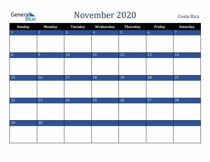 November 2020 Costa Rica Calendar (Sunday Start)