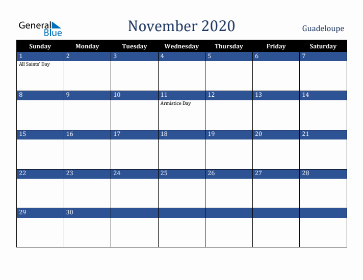 November 2020 Guadeloupe Calendar (Sunday Start)