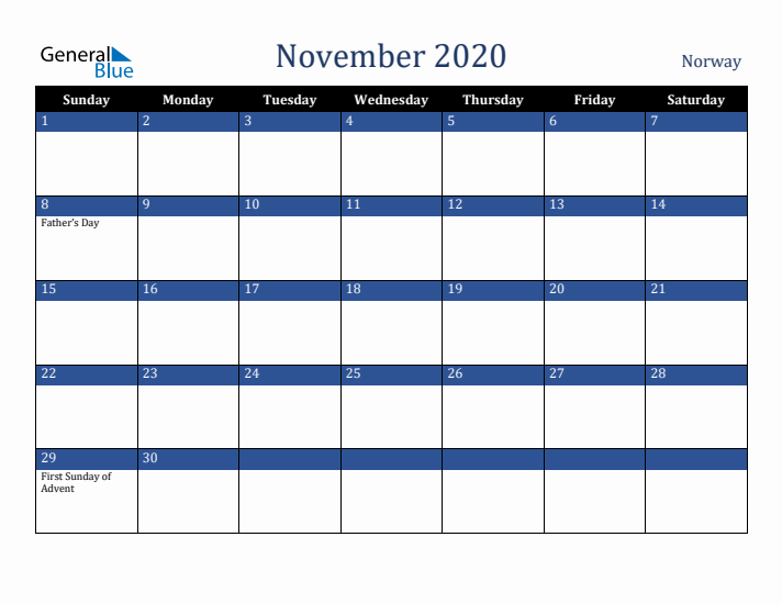 November 2020 Norway Calendar (Sunday Start)