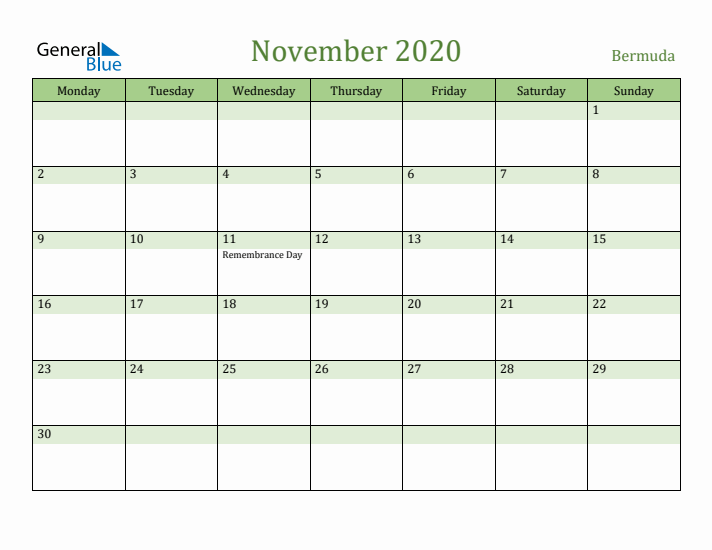 November 2020 Calendar with Bermuda Holidays