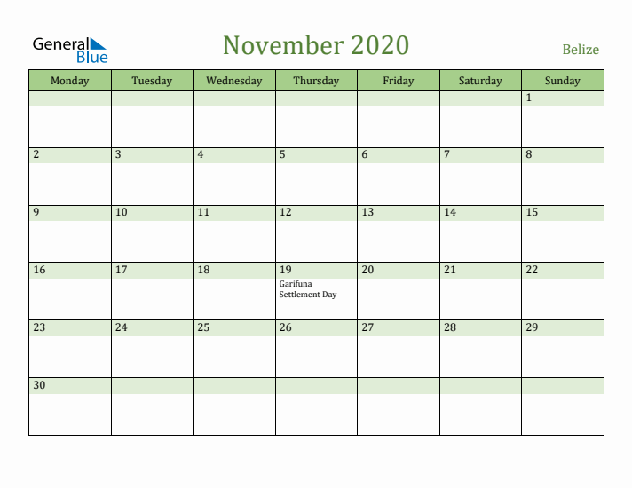 November 2020 Calendar with Belize Holidays