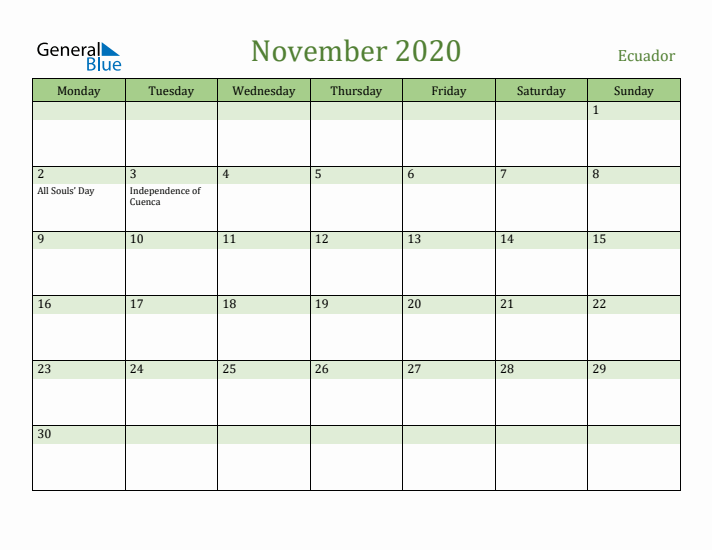 November 2020 Calendar with Ecuador Holidays