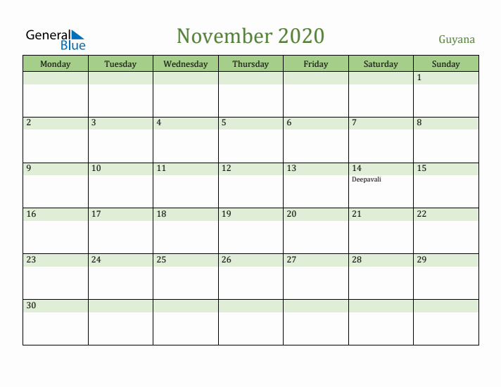 November 2020 Calendar with Guyana Holidays