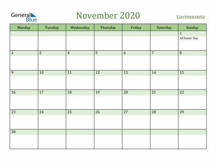 November 2020 Calendar with Liechtenstein Holidays