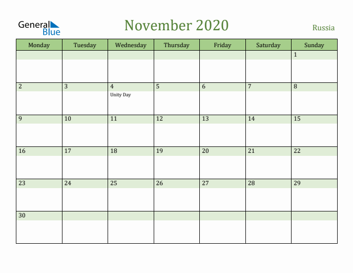 November 2020 Calendar with Russia Holidays