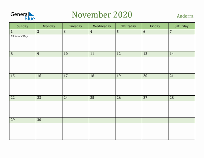 November 2020 Calendar with Andorra Holidays