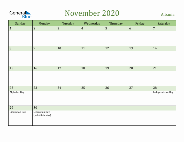 November 2020 Calendar with Albania Holidays